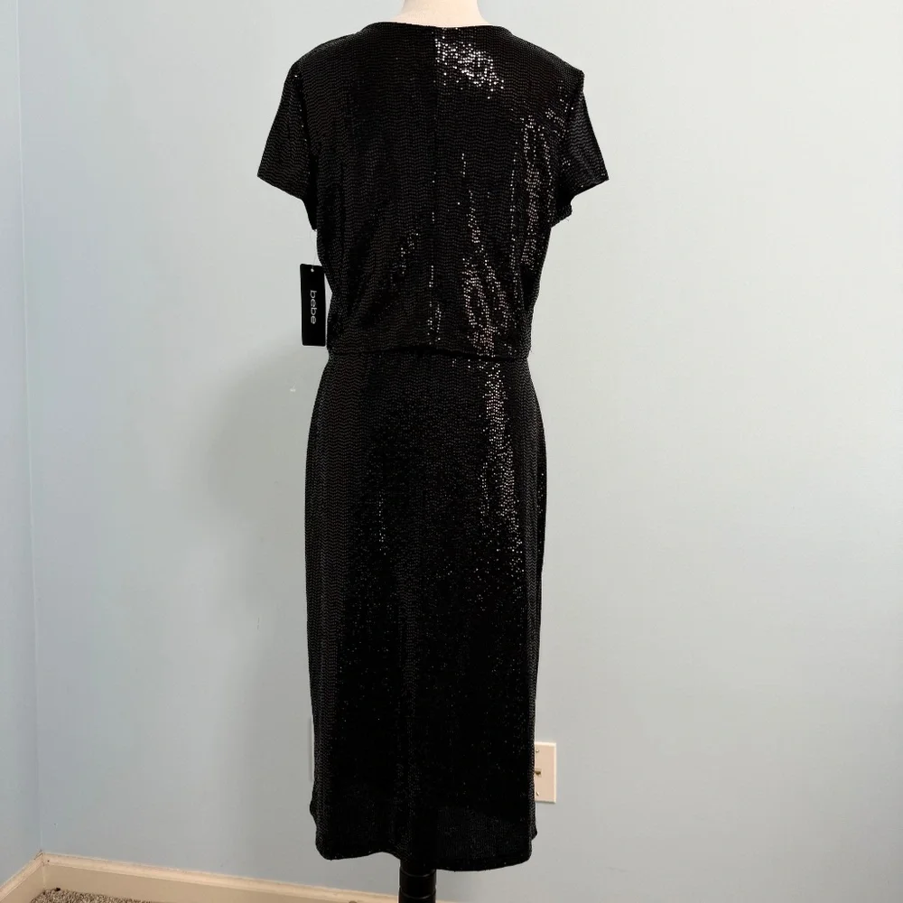 Bebe 2 piece Black Sequin set-cropped short sleeve Top and midi skirt‎ Size XL